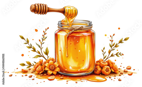 the illustration presents a jar of honey filled with golden nectar, capped by a bee, surrounded by orange flower petals and hazelnuts