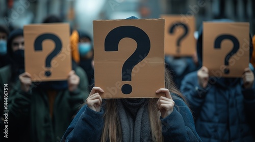 People in jackets hold cardboard signs with black question marks over their faces in a city street
