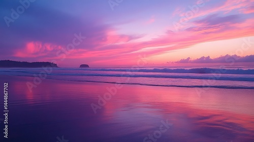 Serene Sunset Over Tranquil Ocean Waters with Vibrant Pink and Purple Sky Reflected in Calm Waves and Soft Horizon