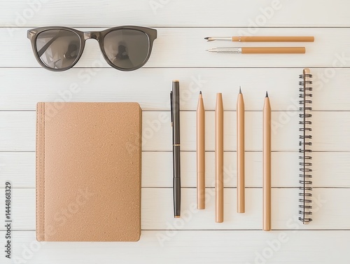 Flatlay of Designer Tools and Inspiration on White Wooden Desk