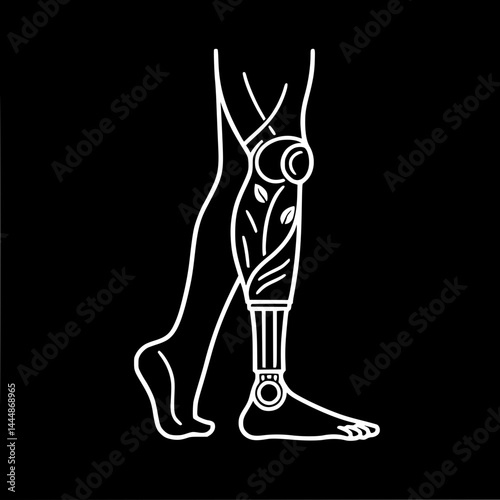 Prosthetic leg and human leg walking on black background, vector outline of one line