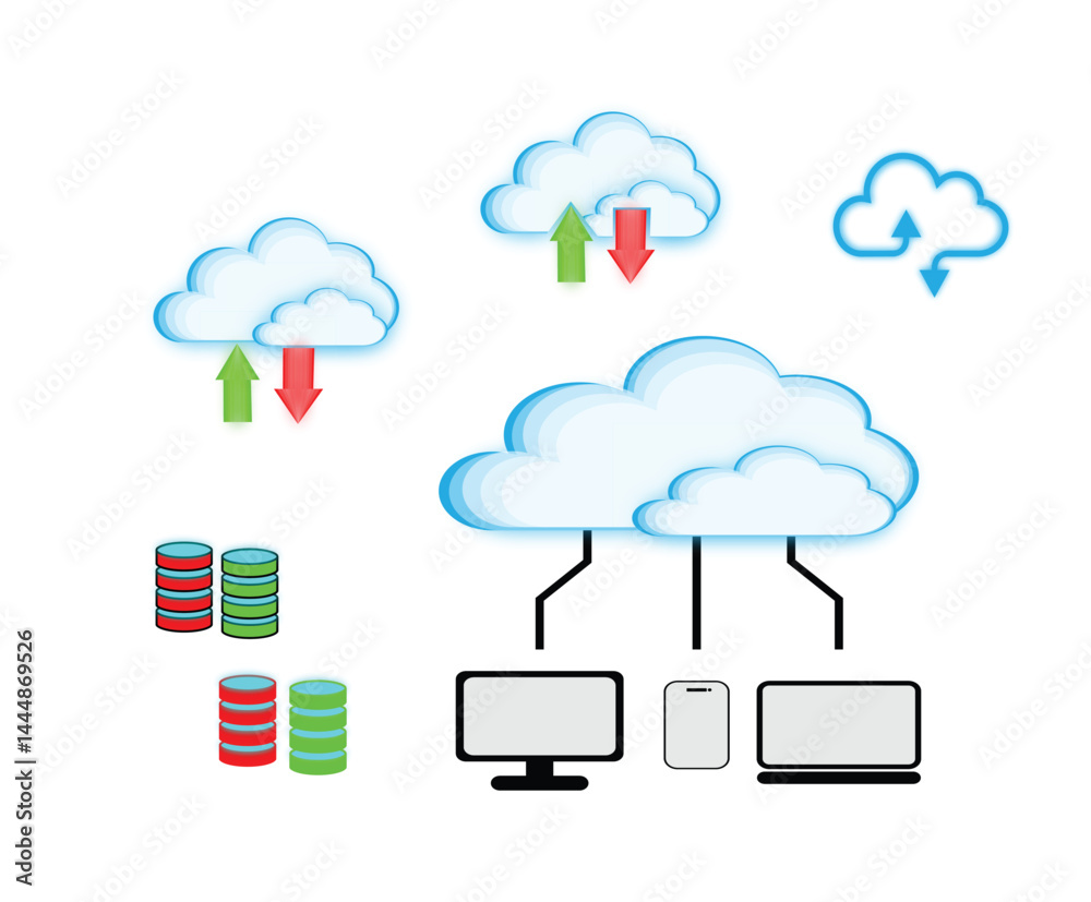 Cloud Computing and Data Synchronization Concept with Servers and Devices – Vector Illustration Cloud Computing and Data Synchronization Concept with Servers and Devices – Vector Illustration