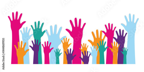 Colorful Raised Hands Illustration – Unity, Participation, Volunteering Concept