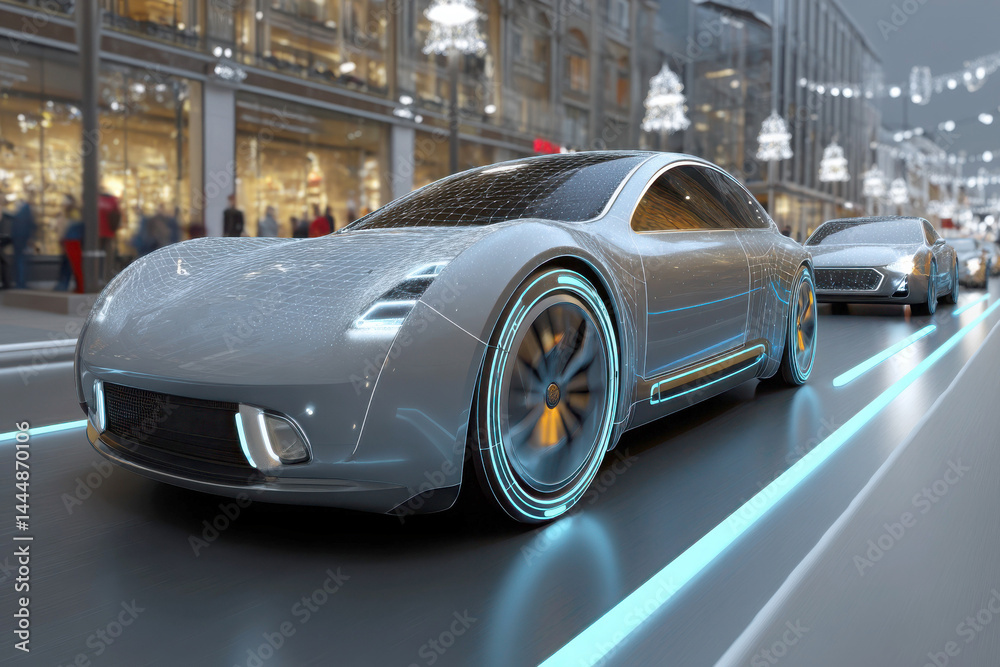 Naklejka premium A sleek, futuristic electric car drives through a brightly lit city street at night, highlighting modern automotive innovation.