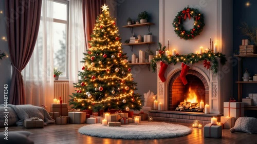 a festive living room with a decorated christmas tree and a cozy fireplace setting the mood