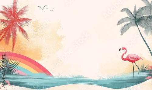 The summer party concept design features a minimalist and modern style, with clean lines and simple elements, all set against a colorful summer background that showcases illustrations of palm trees,