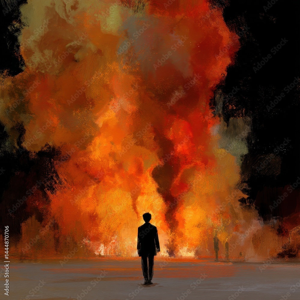 Fototapeta premium A solitary figure confronts a fiery, abstract scene.