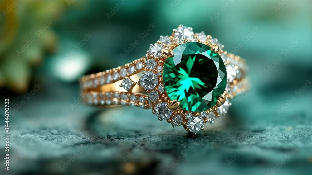 emerald gemstone ring on detailed background, with a gold band and diamond accents around the central stone