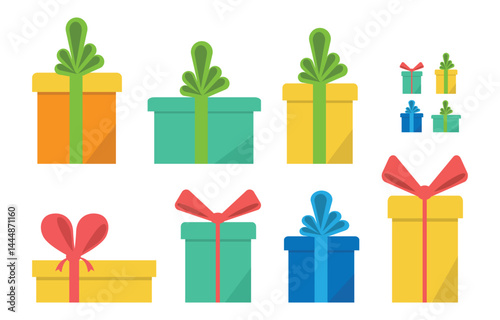 Colorful Gift Boxes with Tags and Ribbons – Flat Style Vector Set