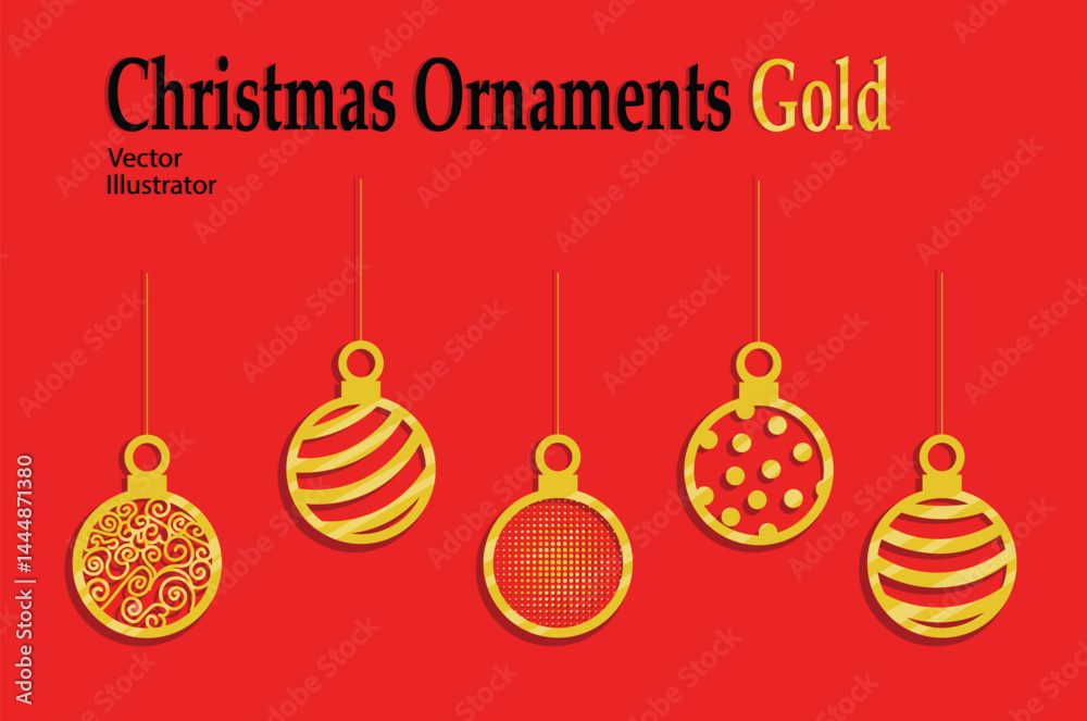 Golden Christmas Ornaments Hanging on Red Background – Festive Vector Illustration Golden Christmas Ornaments Hanging on Red Background – Festive Vector Illustration