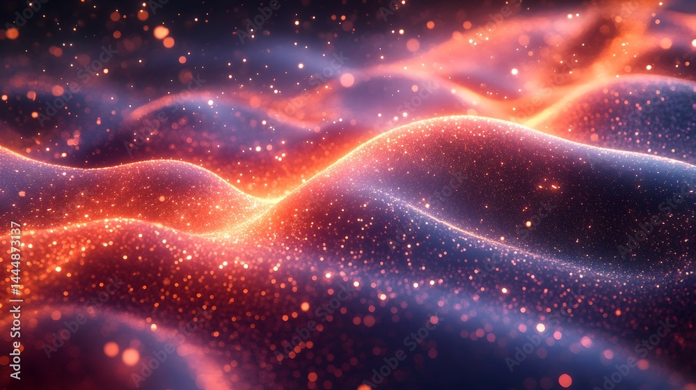 Fototapeta premium Golden particles stream across smooth, undulating purple and orange waves, creating a dreamy visual effect on a transparent background, PNG image, PNG file.