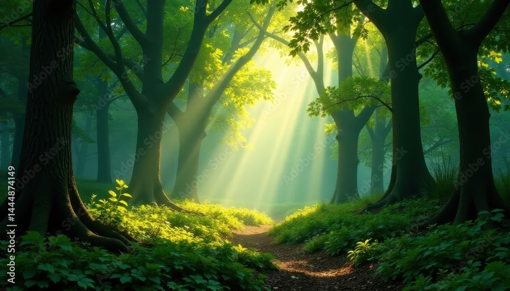 Fototapeta premium Sunbeams pierce dense canopy, dappled forest floor, magical, canopy