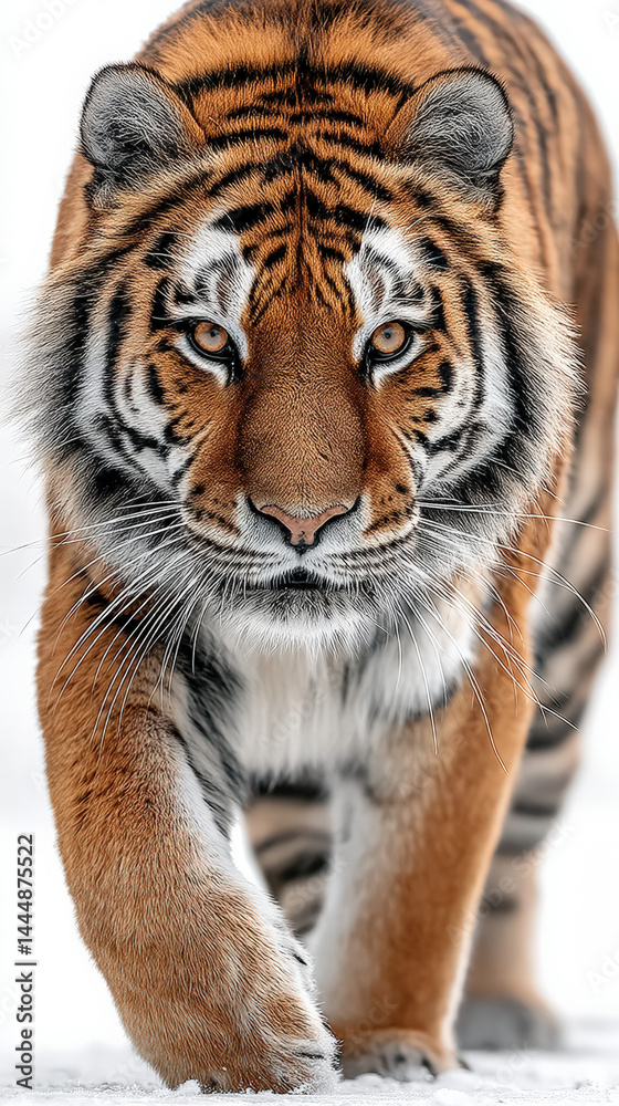 Obraz premium Majestic Tiger Strolling: A breathtaking portrait of a tiger, its intense gaze fixed forward as it strolls gracefully forward. The image showcases the animal's striking fur pattern and raw power.