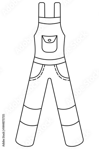 Overalls working. Sketch. Work clothes with pockets for gardening. Vector illustration. Outline on isolated white background. Doodle style. Coloring book for children. Idea for web design.
