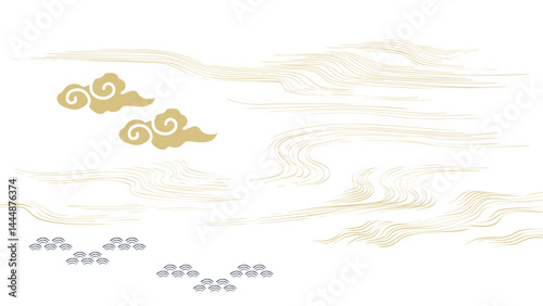 Japanese background with hand drawn gold line wave element vector. Abstract art natural pattern with ocean sea with Chinese cloud decoration banner design in vintage style. Marine template.