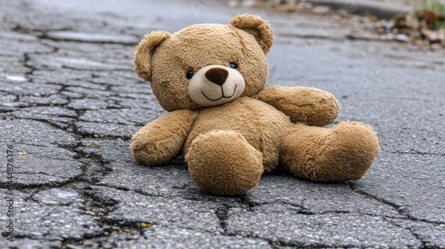 A teddy bear is left forsaken on a fractured road, representing loss and innocence surrounded by devastation, stirring profound feelings of hope and desperation, titled Echoing Loss, an illustration