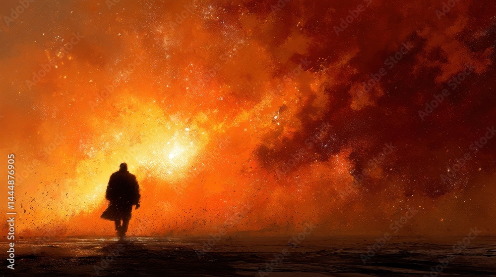 Fototapeta premium Silhouetted figure walking towards a fiery celestial event.