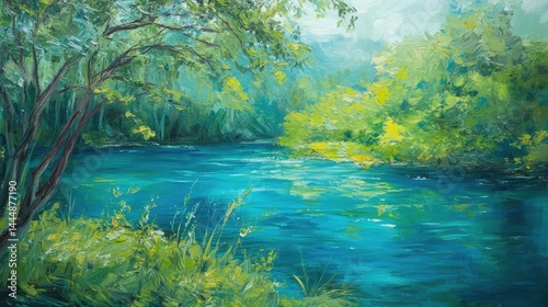 Serene Landscape with Calm Waters and Lush Greenery Captured in Vibrant Blues and Greens, Perfect for Nature Lovers and Tranquility Seekers