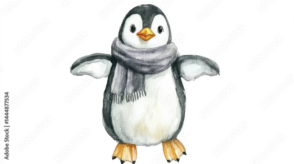 Fototapeta premium Cute Penguin in Winter Scarf Watercolor Illustration.