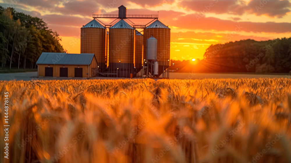 Silos in a barley field. Storage of agricultural production