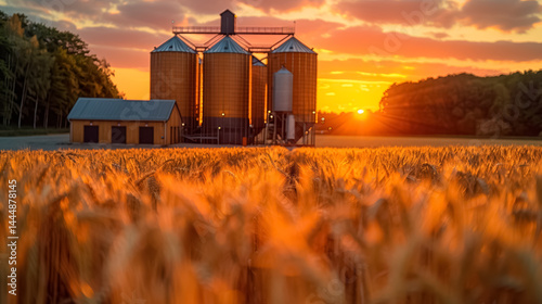 Silos in a barley field. Storage of agricultural production