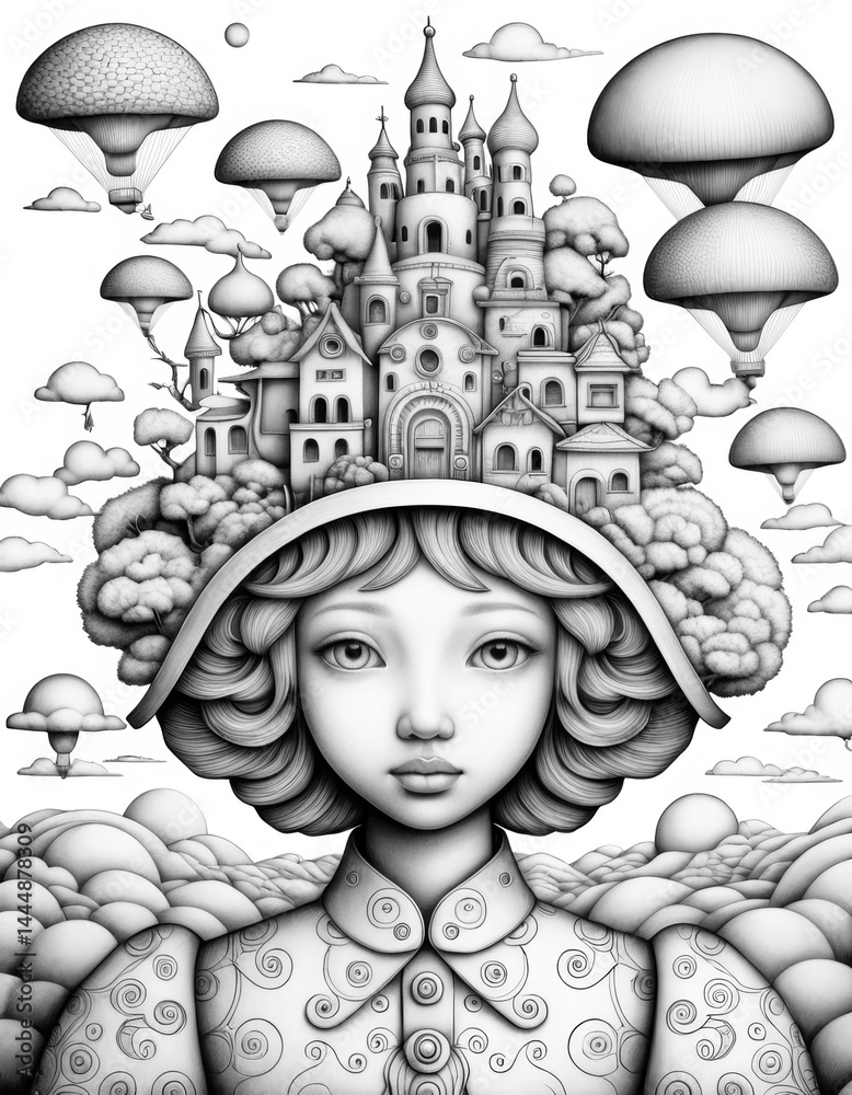 Surreal Portrait Coloring Page Illustration