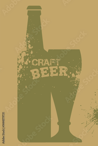 Craft beer, alcohol bottle, glass, flat design, grunge, worn texture. Vector design pub banner, bar menu, beer party