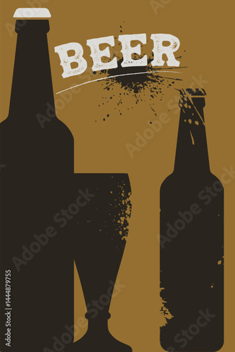 Beer bottle outline image, glass, beer party poster. Vector design pub banner, bar menu, dark beer, strong beer