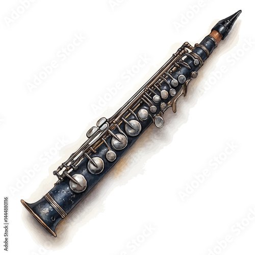 Clarinet With Silver Keys, vector watercolor illustration, isolated on a white background.