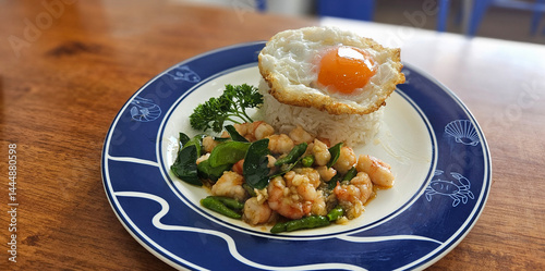 Obraz na płótnie Stir fried prawn with bird’s eye chilies with streamed rice serving on blue plate w salonie