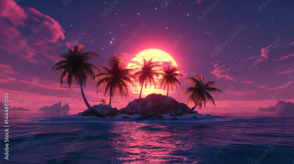 Fototapeta premium Tropical island sunset, calm ocean, starry sky, digital art, travel poster