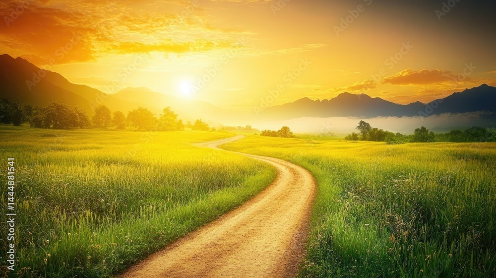 Fototapeta premium Golden Hour Road Winding Path to Mountain Sunset.
