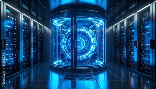 Encapsulated quantum computing core illuminates high-tech server room infrastructure
