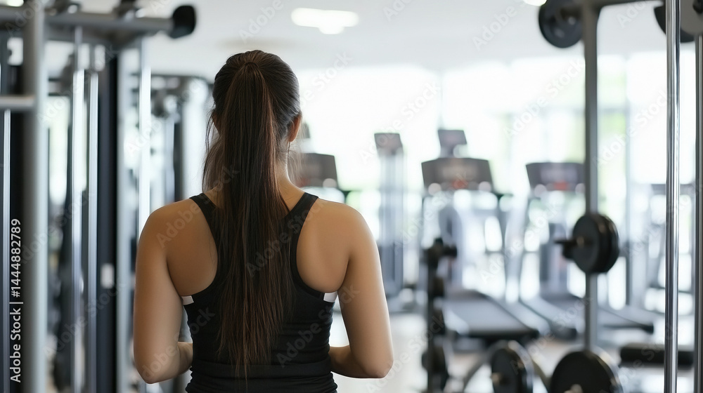 Fototapeta premium Rear view of a young woman with long dark ponytail wearing a black sports outfit standing inside a modern gym with various cardio and weight machines visible