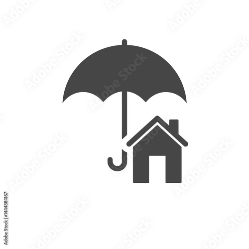 Protected Home: An umbrella shields a house, symbolizing security and safeguarding against potential risks in a clean, minimalist representation.