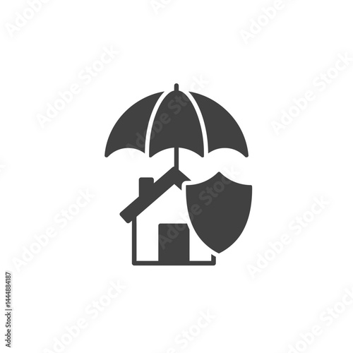 Protection: A detailed visual representation of an umbrella shielding a house with a shield next to it, symbolizing security and defense.