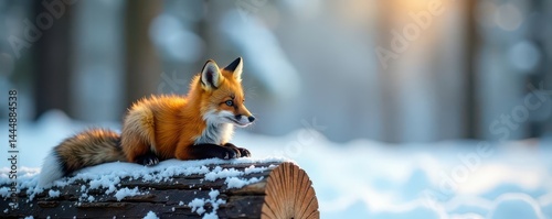 Tiny fox resting on log, snowy forest backdrop , orange, white, forest