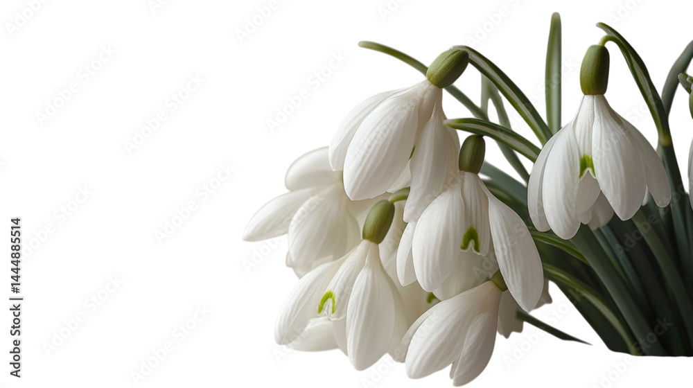 Fototapeta premium delicate snowdrop blossom with pure white petals gently drooping, presented on transparent background 