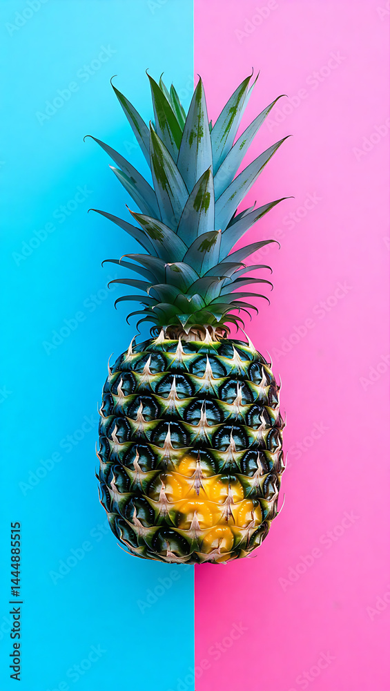 Vibrant Pineapple on Split Pink and Blue Backdrop, Minimalist Summer Aesthetic. Vibrant Pineapple on Split Pink and Blue Backdrop, Minimalist Summer Aesthetic.