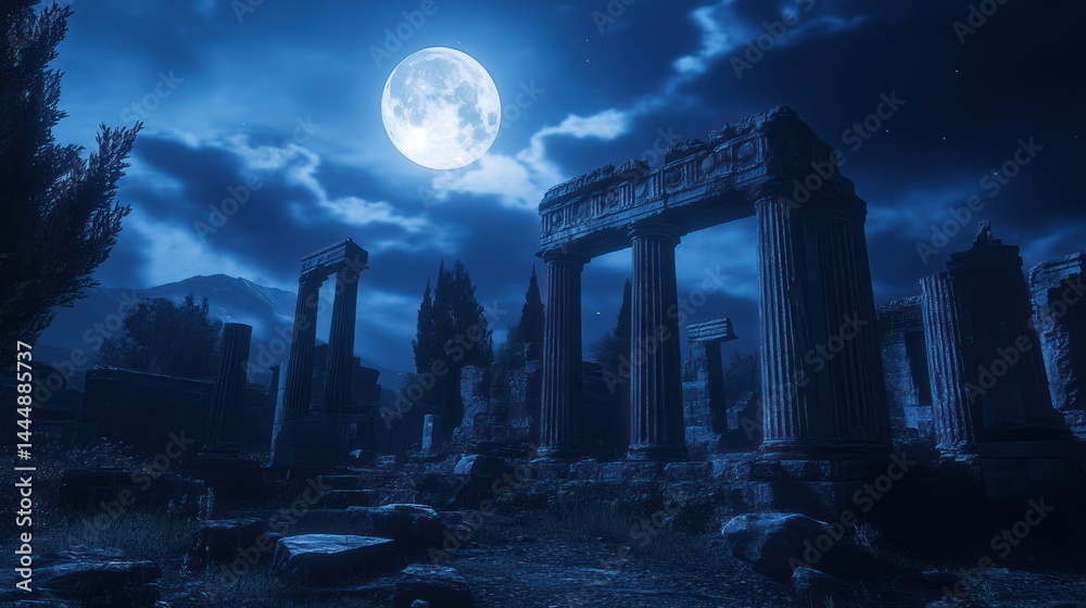 Naklejka premium Moonlit ancient ruins at night, scenic background, historical travel