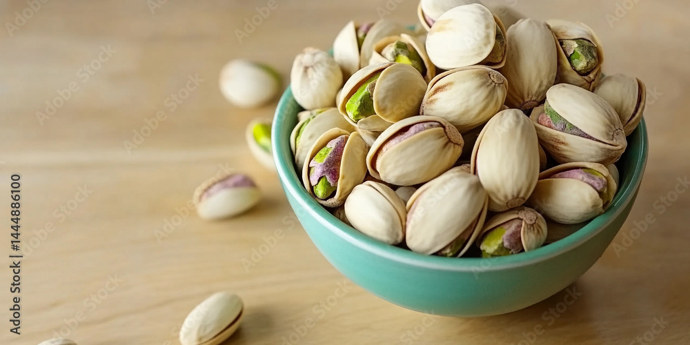 Fresh pistachios served in a vibrant bowl on wooden table Generative AI