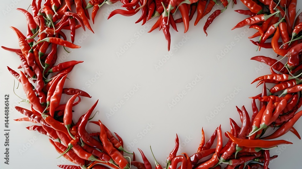 Naklejka premium Red chili peppers arranged in a heart-shaped frame on a white surface.