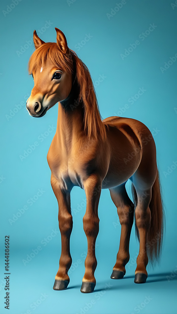 Obraz premium Captivating Chestnut Horse Portrait on Blue Background, Full Body Studio Shot.