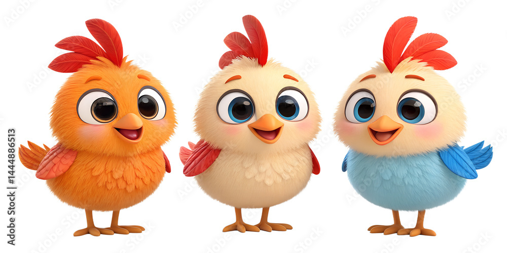 Fototapeta premium Three Smiling Baby Chicken Characters with Red Combs - Cute Animated Style Illustration