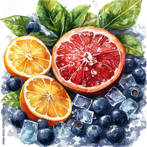 Citrus Wedges On Crushed Ice, vector watercolor illustration, isolated on a white background.