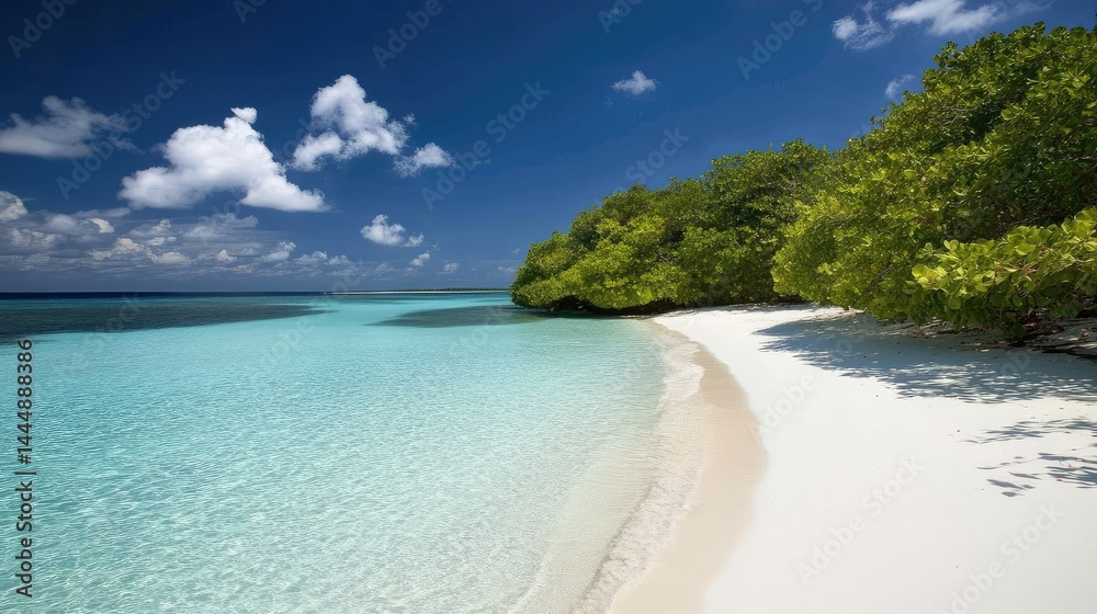 Obraz premium Serene Tropical Beach Scene with Turquoise Waters, White Sand, Lush Greenery, and Beautiful Blue Sky Perfect for Relaxation and Paradise Getaways