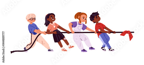 Kids team is tug of war in teamwork. Group of diverse girls and boys pulls rope in competition. Happy children contest, efforts, works together. Flat isolated vector illustration on white background