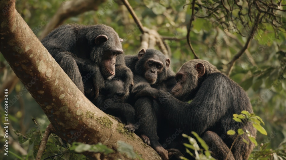 Obraz premium Chimpanzee Family Gathering in Lush Jungle Canopy