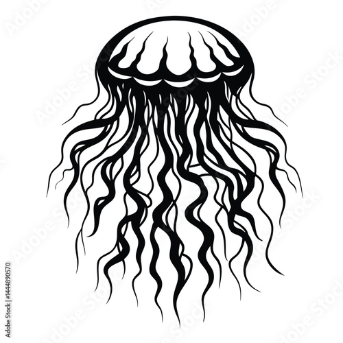 Black and White Jellyfish Silhouette Marine Animal, Sea Life, Ocean Creature, Tentacles