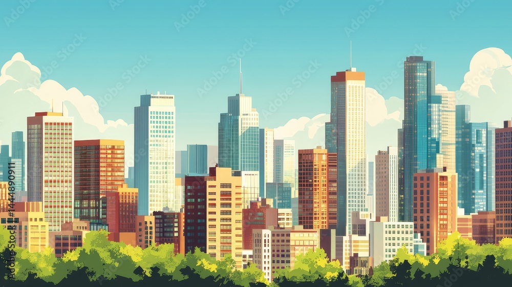 Obraz premium Vibrant Cityscape Featuring Modern Skyscrapers Under Bright Blue Sky with Fluffy Clouds and Lush Green Trees in the Foreground for Urban Theme Projects